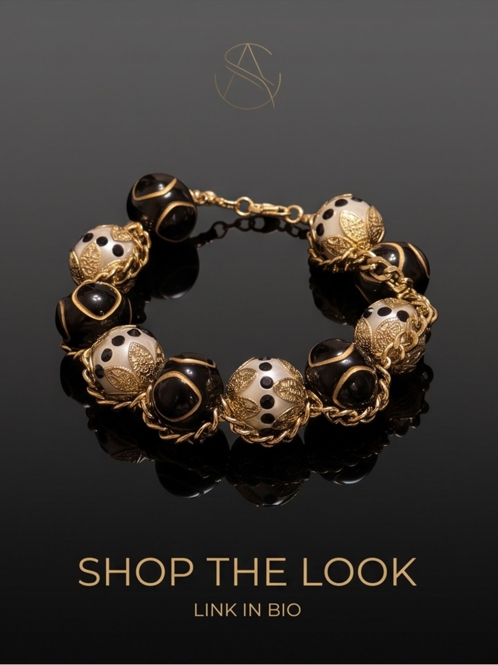 Gold and Black Bead Link Bracelet - Luxury Women’s Jewelry
